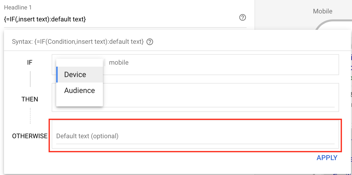 IF Function in Google Ads Default Text