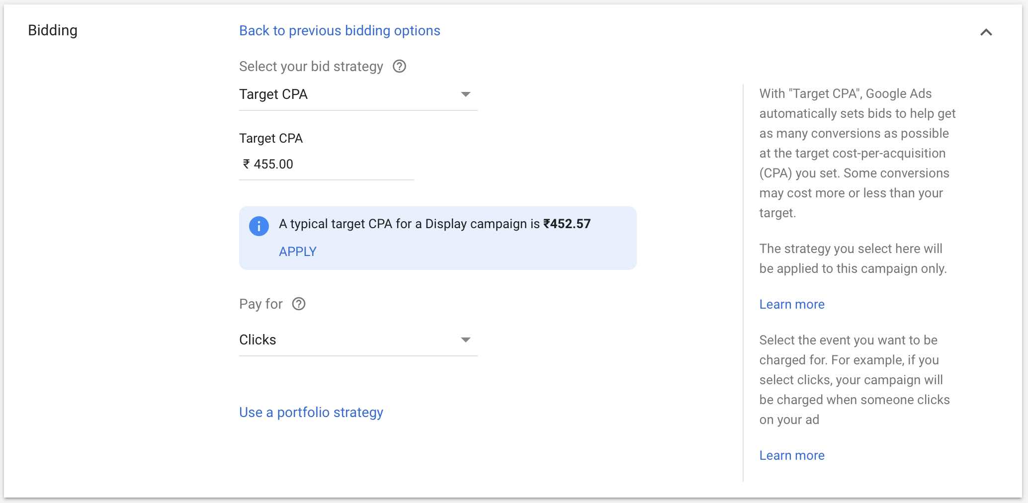 Target CPA Option in Google Ads