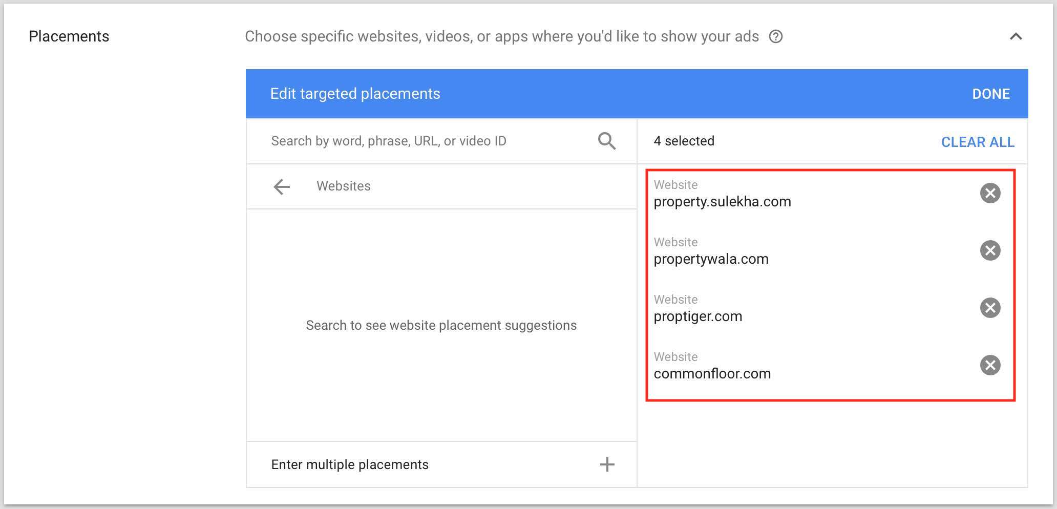 Google Ads Placements Option
