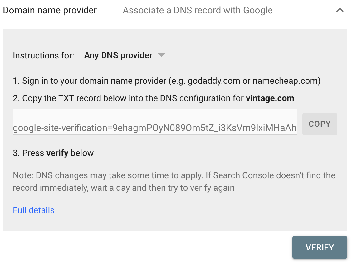 Search Console Verification with DNS Provider 